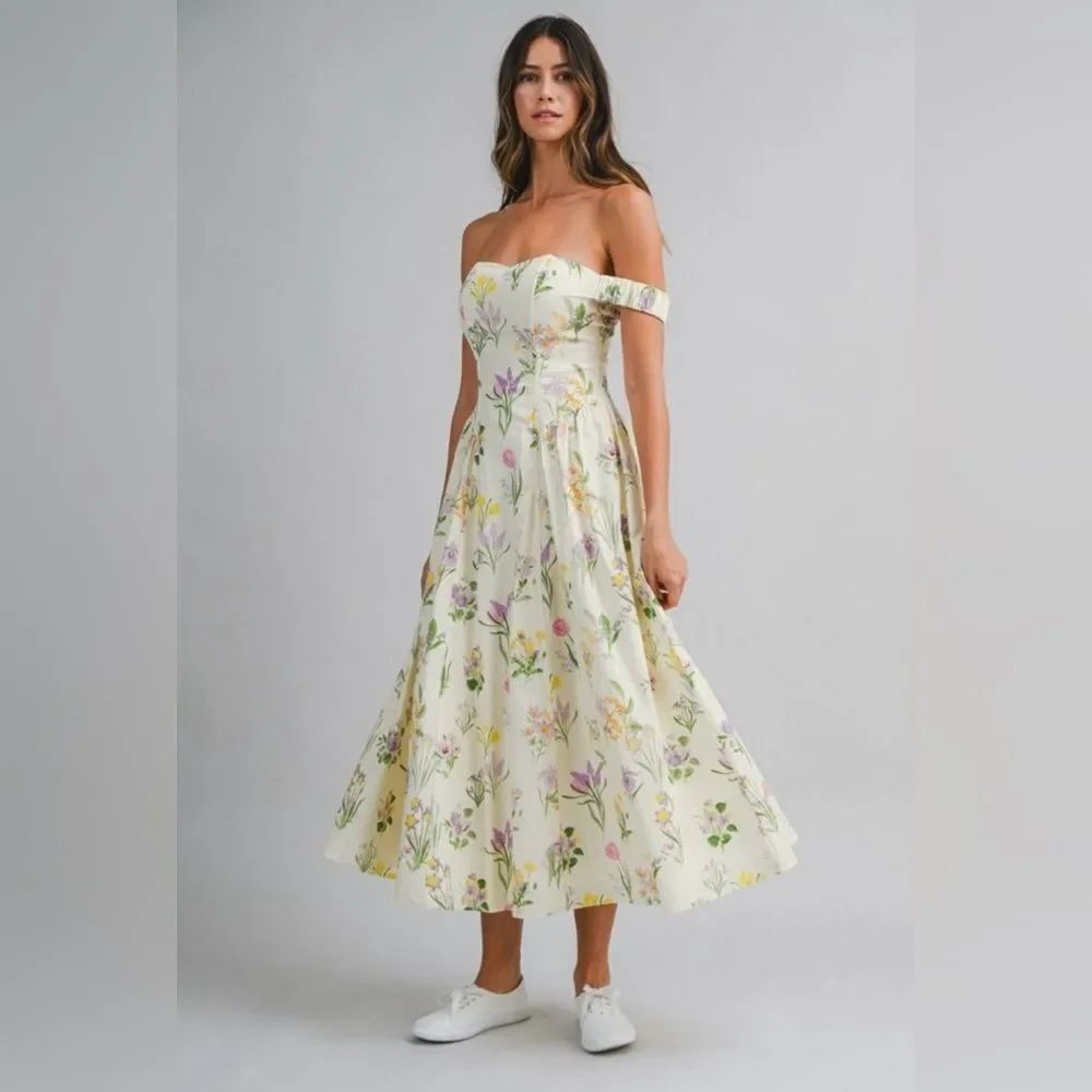 MABLE Dress Cream Floral Off-Shoulder Cotton NWT